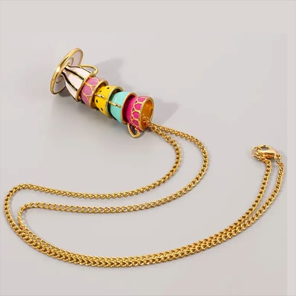 Miniature Whimsical Mini Tea Cups Crafted into a Long Necklace - Unique Patterns - Picture 4 of 6